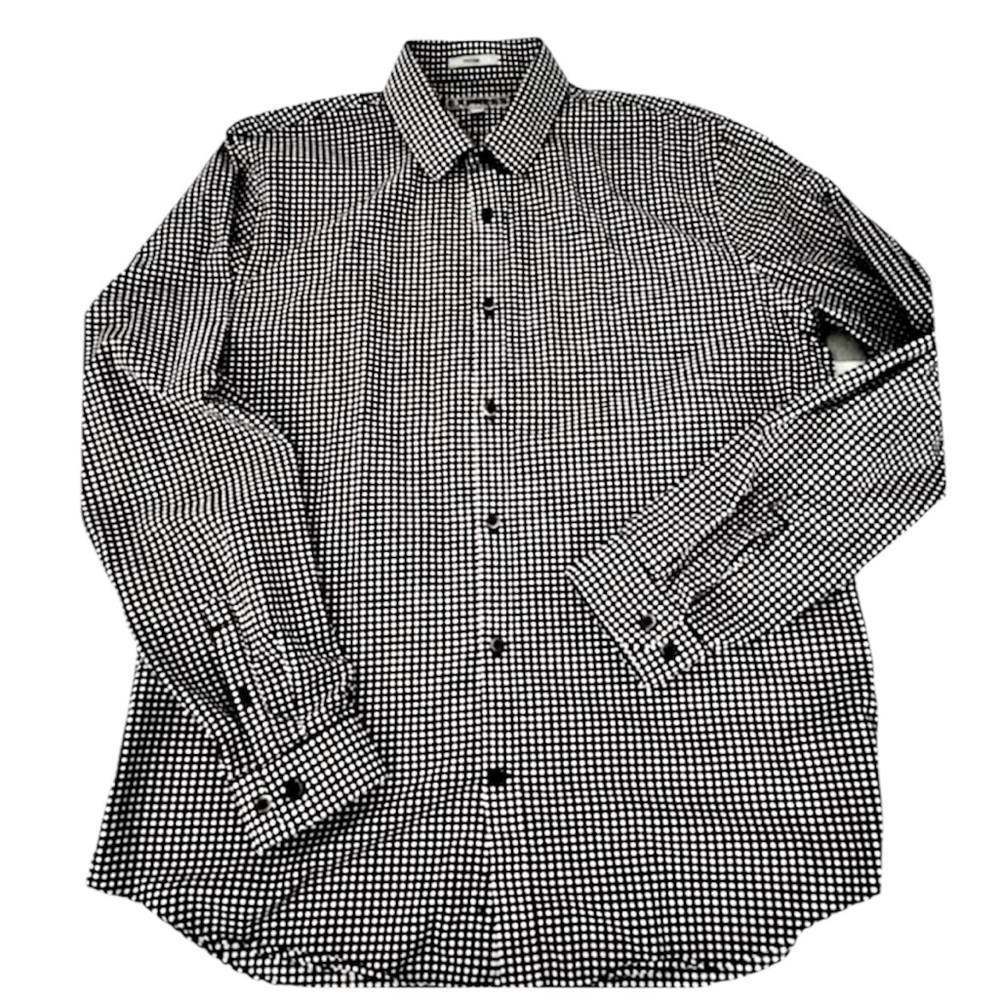 Express Men’s Black White Fitted Button Down Shirt Size Large Cotton Dress Shirt